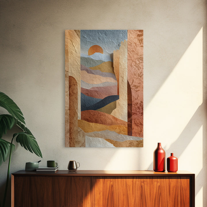 Sunrise over Rolling Dunes in Muted Peach Framed Canvas Print, Boho Art, Boho Wall Art, Living Room Decor, Oil Painting, BOH-2x3-53