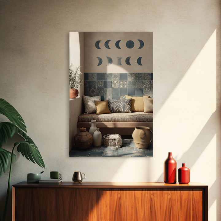 Moon Phases Above Botanical Silhouettes Canvas Print, Boho Art, Abstract Art, Living Room Decor, Bohemian 458, Set of Prints, BOH-2x3-58