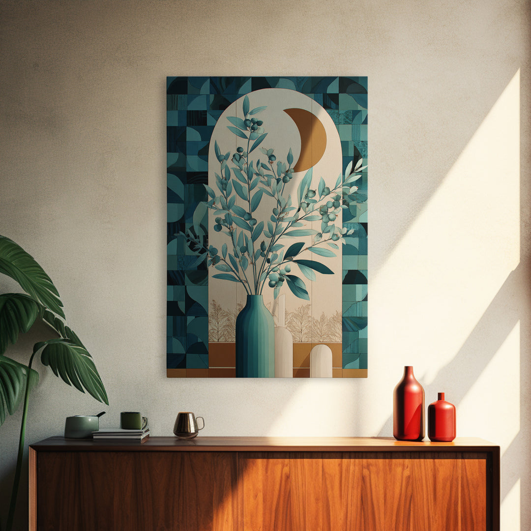 Sage Green Eucalyptus and Crescent Moon Canvas Print, Boho Art, Art, Living Room Decor, Bohemian, Wallart, Art Nouveau, BOH-2x3-7