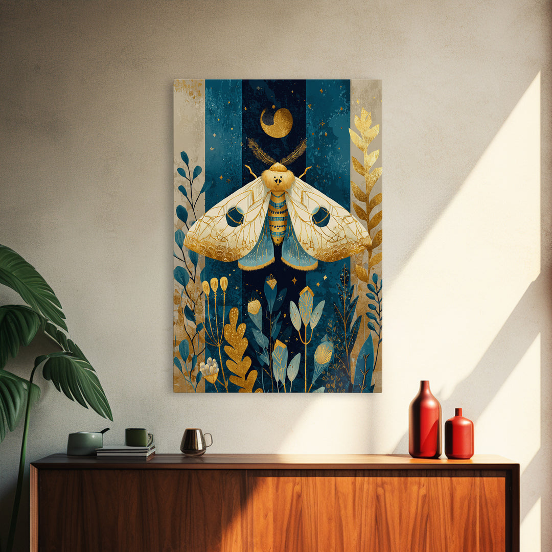 Golden Moth with Moon and Stars Framed Canvas Print, Boho Art, Living Room Wall Art, Living Room Decor, Fine Art, Bohemian, BOH-2x3-73