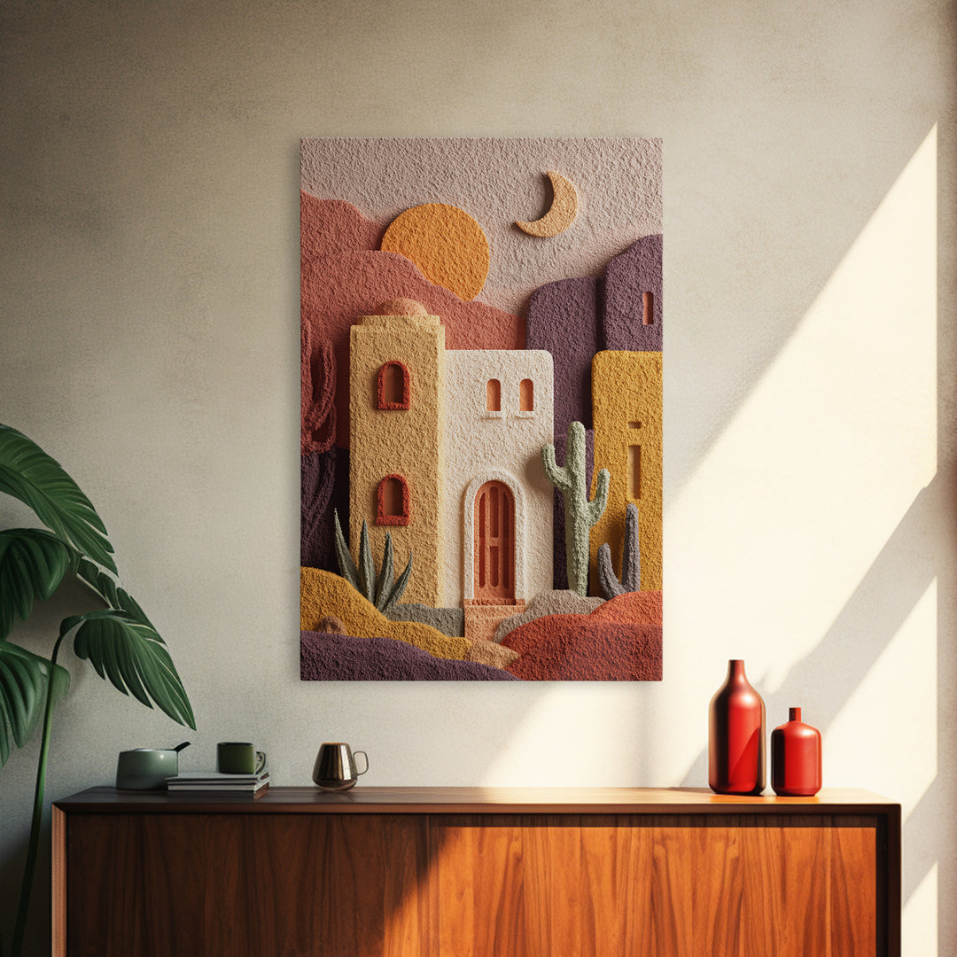 Desert Sun with Cactus and Warm Clay Canvas Print, Boho Art, Set of 3 Prints, Living Room Decor, Fine Art, Bohemian, BOH-2x3-81
