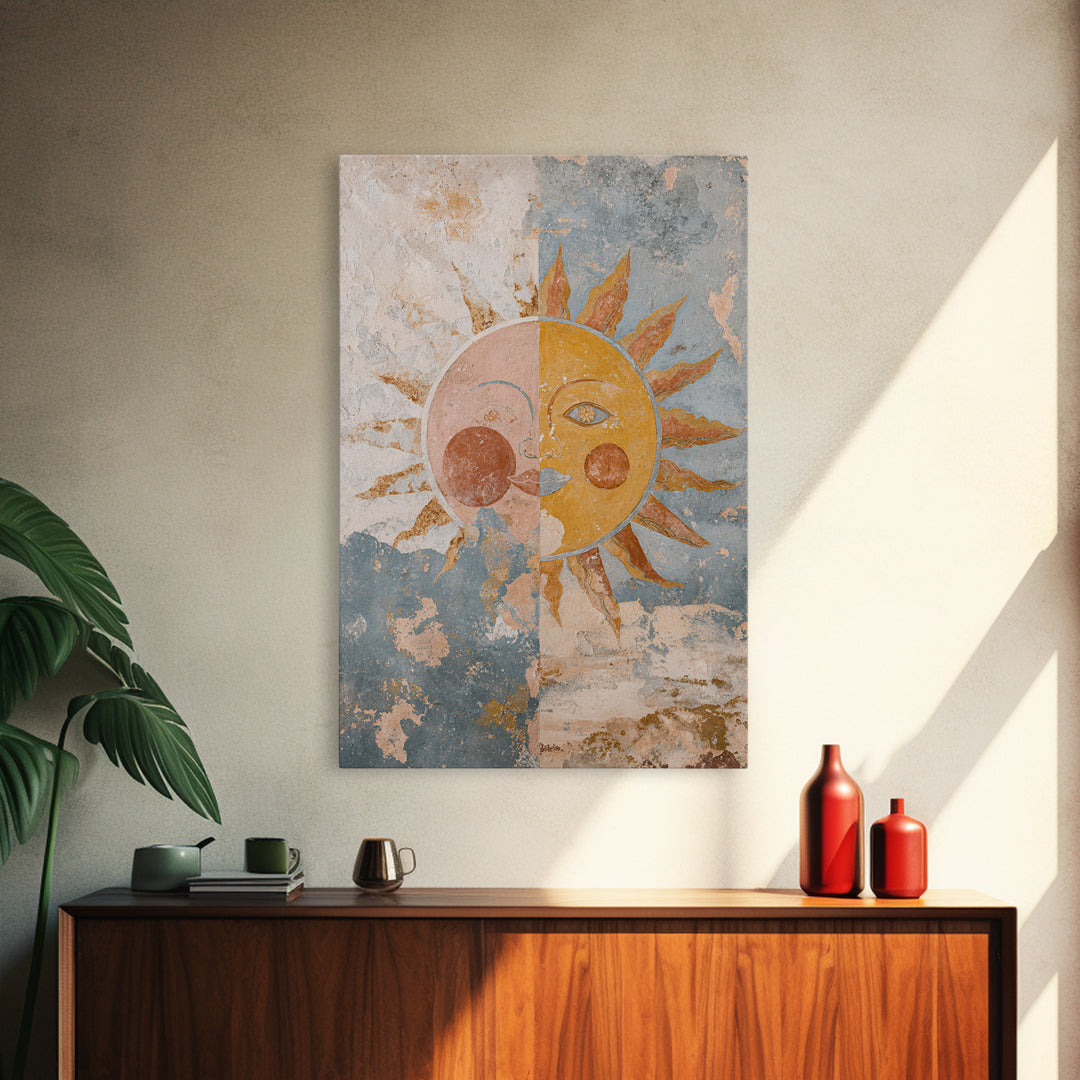 Sun and Moon Celestial Folk Motif Framed Canvas Print, Boho Art, Digital Print, Living Room Decor, Fine Art, Bohemian, BOH-2x3-90