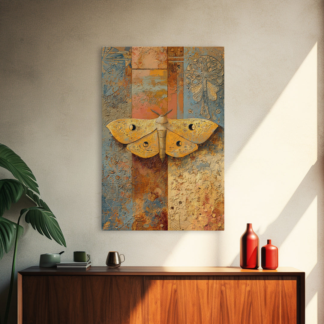 Golden Moth with Moon and Stars Framed Canvas Print, Boho Art, Living Room Wall Art, Living Room Decor, Fine Art, Bohemian, BOH-2x3-97
