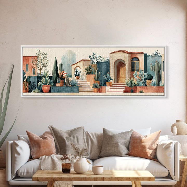 Warm Neutral Cactus Garden Illustration Framed Canvas Print, Boho Art, Digital Wall Art, Living Room Decor, Fine Art, Bohemian, BOH-3x1-10