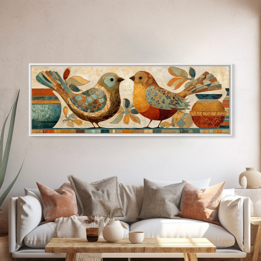 Boho Bird Pair Framed Canvas Print, Boho Art, Boho Decor, Living Room Decor, Fine Art, Bohemian, Textured Painting, BOH-3x1-12