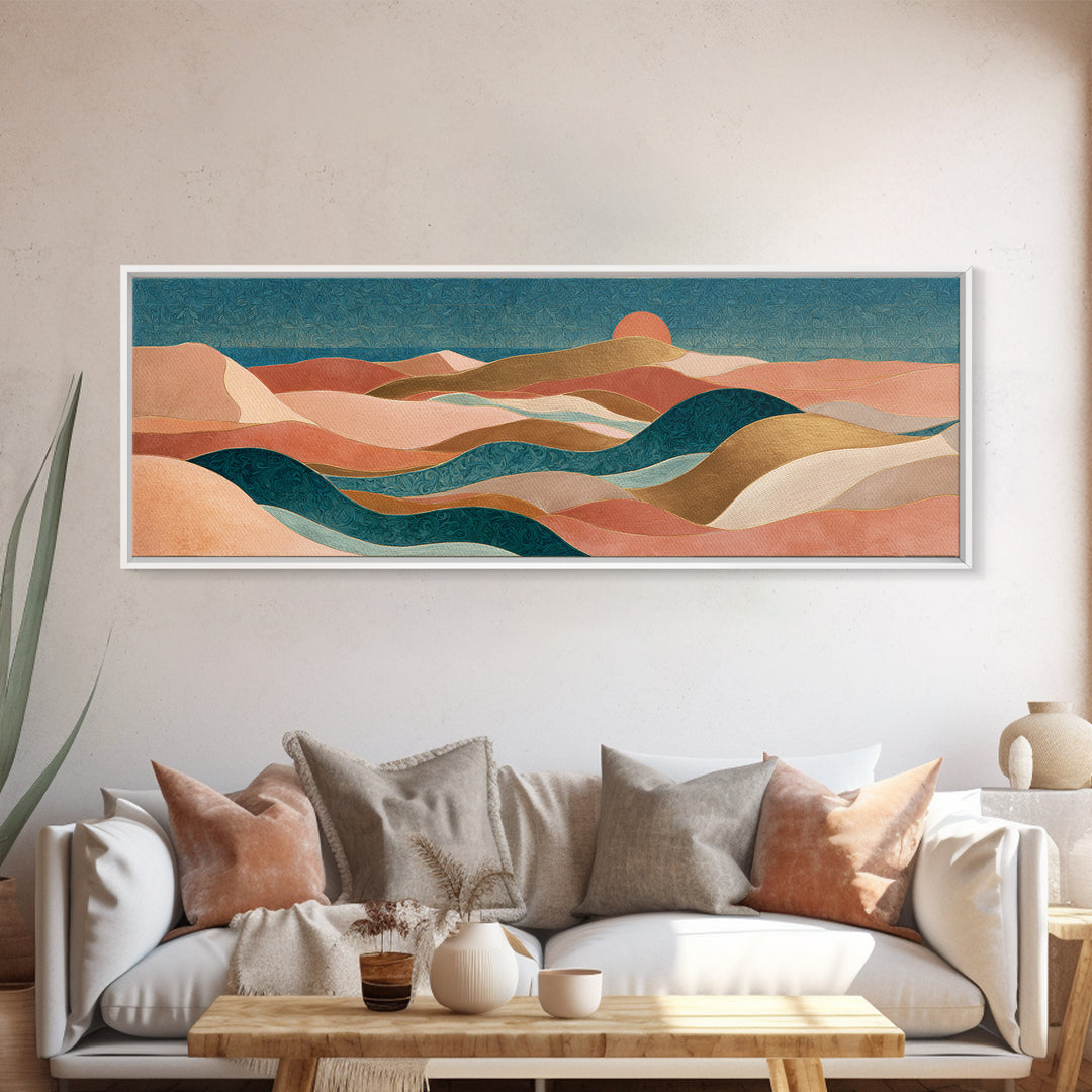 Sunrise over Rolling Dunes in Muted Peach Canvas Print, Boho Art, Wall Art Print, Living Room Decor, Fine Art, Bohemian, BOH-3x1-13