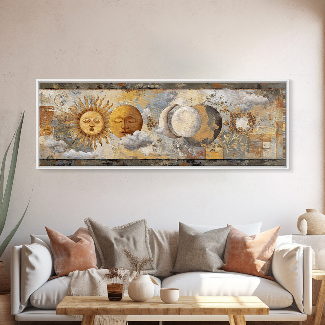 Sun and Moon Celestial Folk Motif Framed Canvas Print, Boho Art, Wallart, Living Room Decor, Bohemian, Living Room Wall Art, BOH-3x1-2