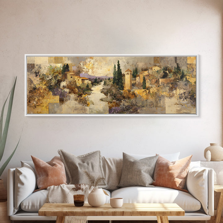 Earth Tone Mountain and River Abstraction Framed Canvas Print, Boho Art, Wall Art, Living Room Decor, Watercolor Art, Bohemian, BOH-3x1-27