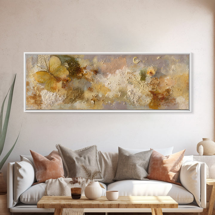 Golden Moth with Moon and Stars Canvas Print, Boho Art, Set of 3 Prints, Living Room Decor, Fine Art, Bohemian, BOH-3x1-33