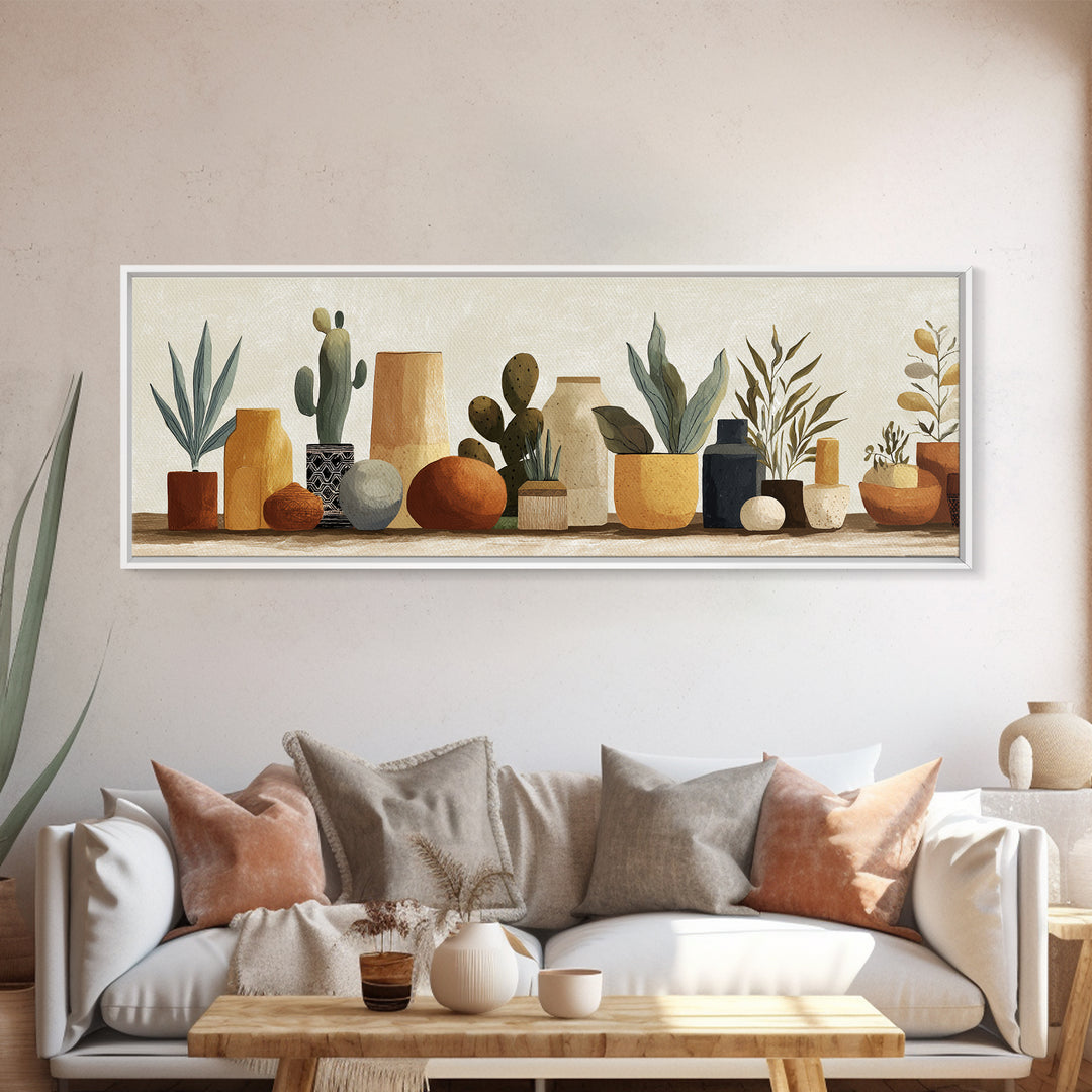 Warm Neutral Cactus Garden Illustration Canvas Print, Boho Art, Abstract Art, Living Room Decor, Bohemian 234, Set of Prints, BOH-3x1-34