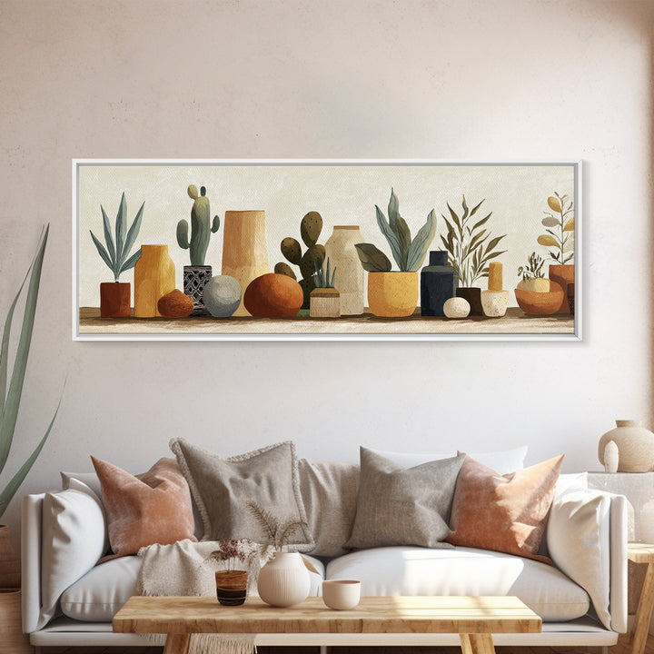 Warm Neutral Cactus Garden Illustration Canvas Print, Boho Art, Abstract Art, Living Room Decor, Bohemian 234, Set of Prints, BOH-3x1-34