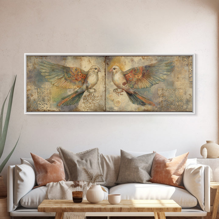 Boho Bird Pair Canvas Print, Boho Art, Neutral Decor, Living Room Decor, Fine Art, Bohemian, Wall Decor, Prints, Art Prints, BOH-3x1-36
