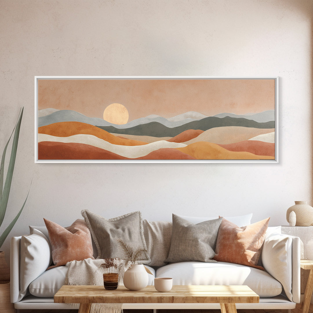 Sunrise over Rolling Dunes in Muted Peach Framed Canvas Print, Boho Art, Wall Art Set, Living Room Decor, Watercolor Art, BOH-3x1-37