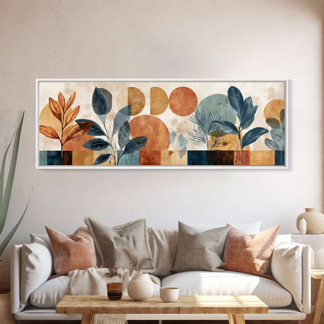 Moon Phases Above Botanical Silhouettes Canvas Print, Boho Art, Wall Art Print, Living Room Decor, Watercolor Art, Bohemian, BOH-3x1-42