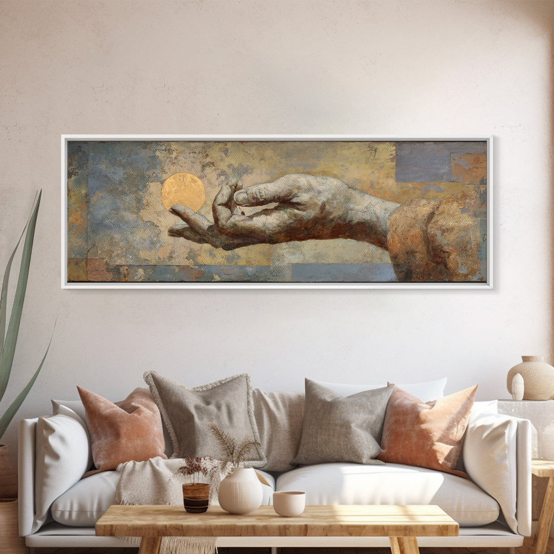 Mystic Hand Holding a Tiny Sun Canvas Print, Boho Art, Modern Wall Art, Living Room Decor, Fine Art, Bohemian, BOH-3x1-46