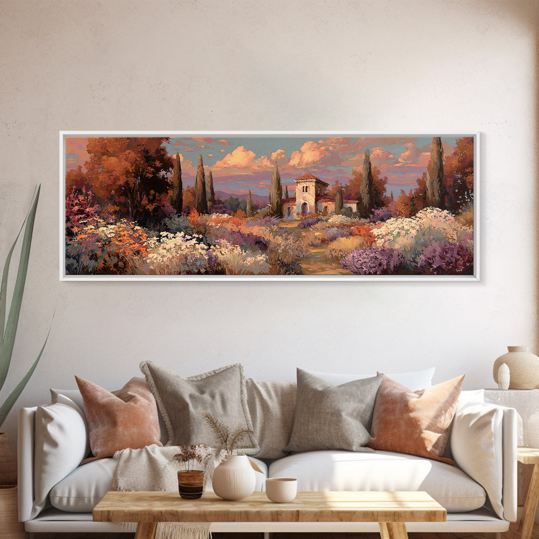 Burnt Orange Floral Field at Sunset Framed Canvas Print, Boho Art, Boho Wall Art, Living Room Decor, Fine Art, Bohemian, BOH-3x1-5