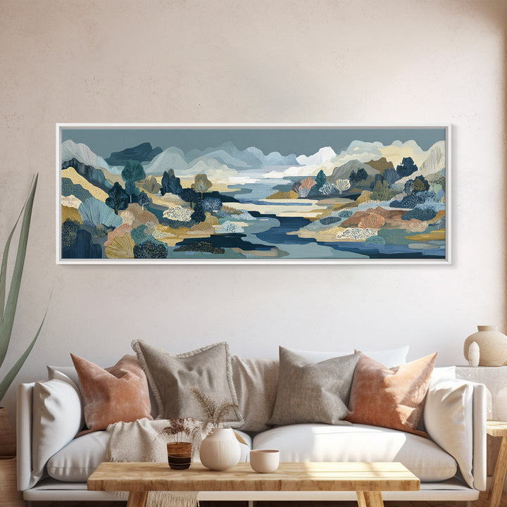 Earth Tone Mountain and River Abstraction Framed Canvas Print, Boho Art, Boho, Living Room Decor, Oil Painting, Bohemian, BOH-3x1-51