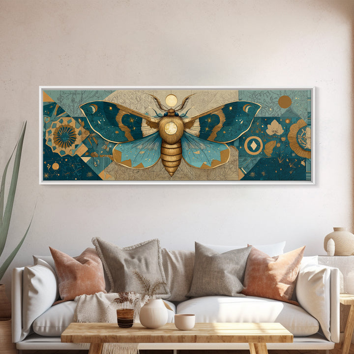 Golden Moth with Moon and Stars Framed Canvas Print, Boho Art, Statement Artwork, Living Room Decor, Fine Art, Bohemian, BOH-3x1-57
