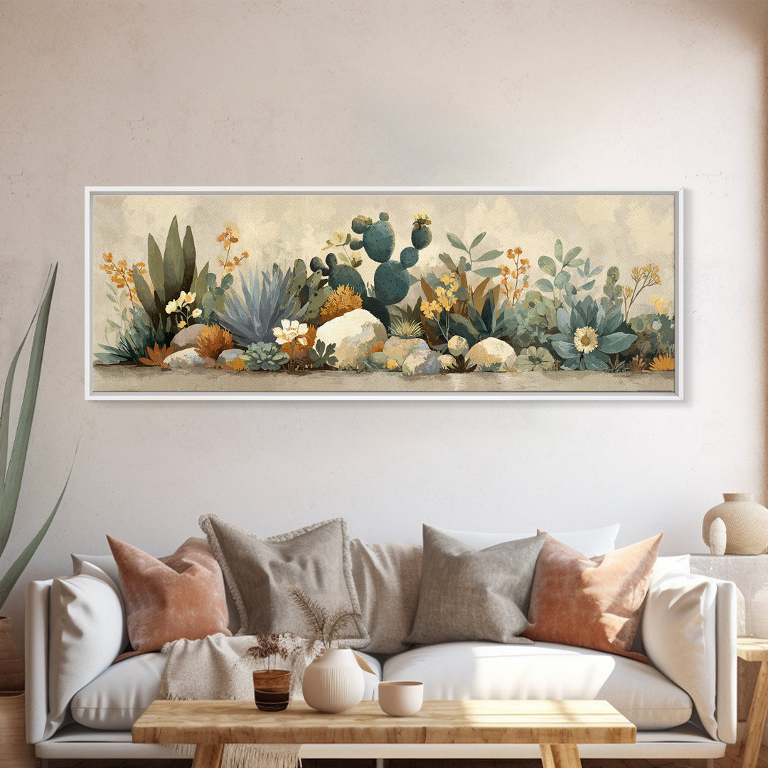 Warm Neutral Cactus Garden Illustration Framed Canvas Print, Boho Art, Boho Wall Art, Living Room Decor, Oil Painting, Bohemian, BOH-3x1-58