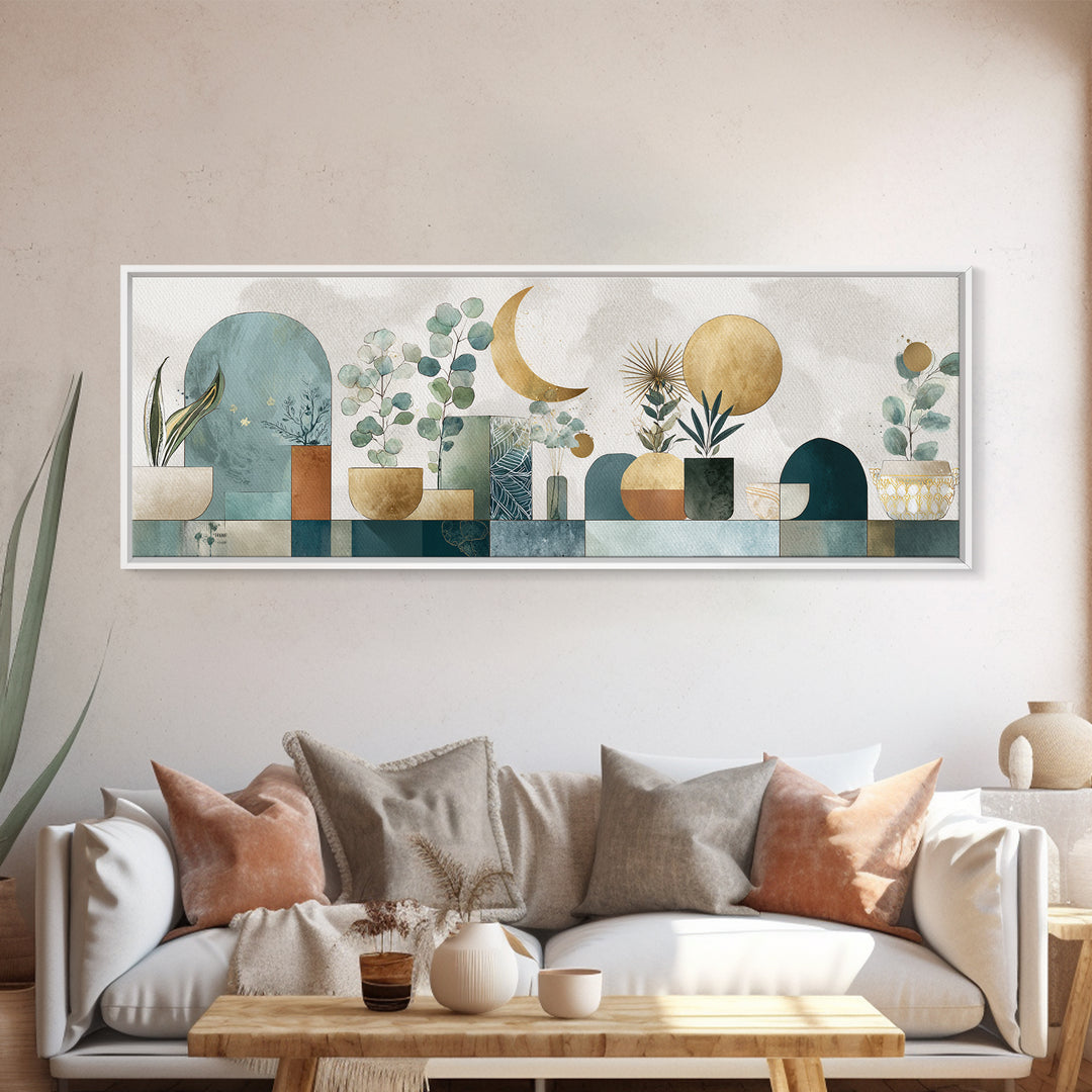 Sage Green Eucalyptus and Crescent Moon Framed Canvas Print, Boho Art, Wall Decor, Living Room Decor, Fine Art, Bohemian, BOH-3x1-63
