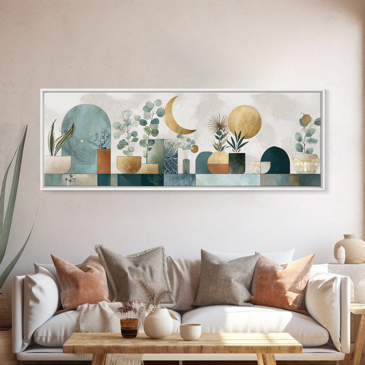 Sage Green Eucalyptus and Crescent Moon Framed Canvas Print, Boho Art, Wall Decor, Living Room Decor, Fine Art, Bohemian, BOH-3x1-63