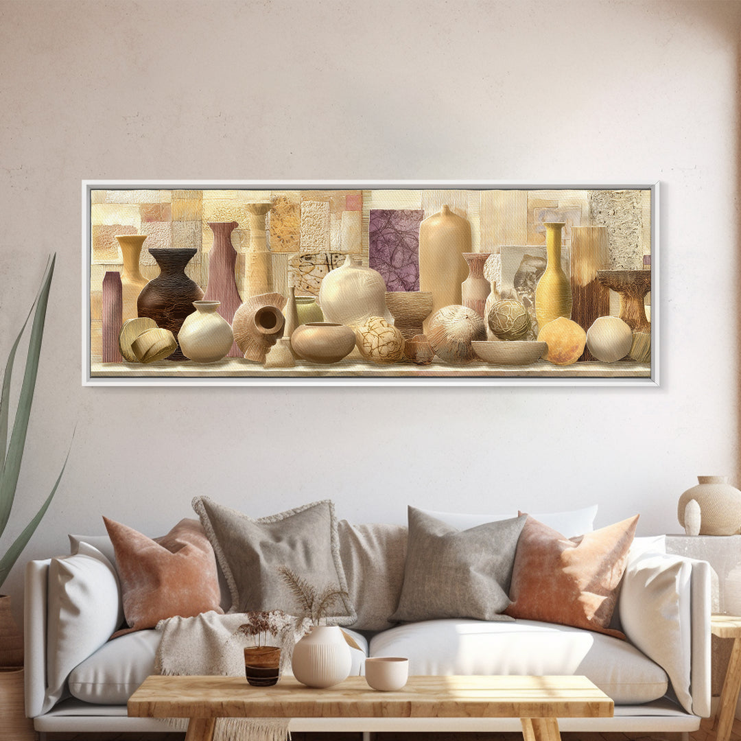 Organic Shape Collage Framed Canvas Print, Boho Art, Textured Painting, Living Room Decor, Abstract Art, Bohemian, BOH-3x1-64