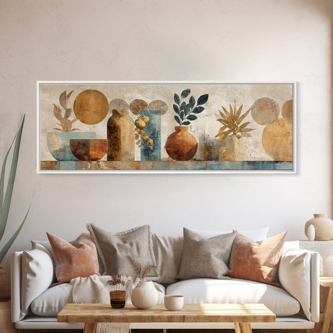 Moon Phases Above Botanical Silhouettes Canvas Print, Boho Art, Wall Art Print, Living Room Decor, Watercolor Art, Bohemian, BOH-3x1-66