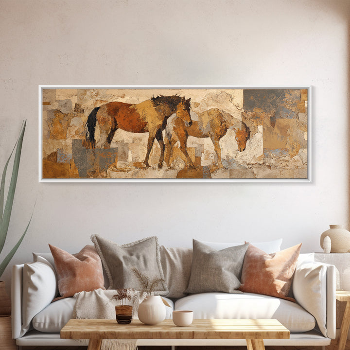 Wild Horse in Dusty Golden Light Framed Canvas Print, Boho Art, Prints, Living Room Decor, Fine Art, Bohemian, Abstract Art, BOH-3x1-72