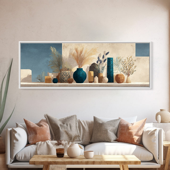 Bohemian Vase with Dried Pampas Grass Framed Canvas Print, Boho Art, Textured Painting, Living Room Decor, Fine Art, Bohemian, BOH-3x1-73