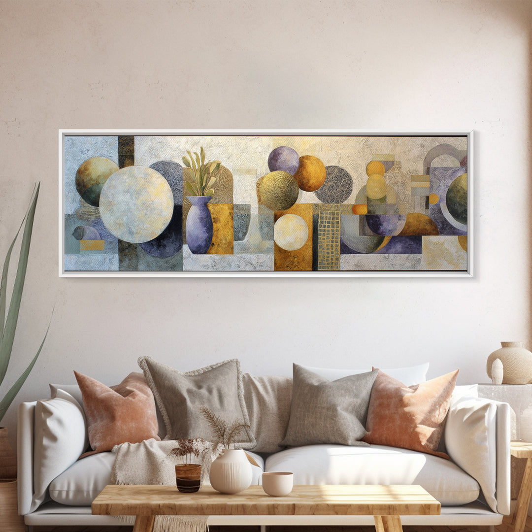 Sun and Moon Celestial Folk Motif Framed Canvas Print, Boho Art, Boho Decor, Living Room Decor, Oil Painting, Bohemian, BOH-3x1-74