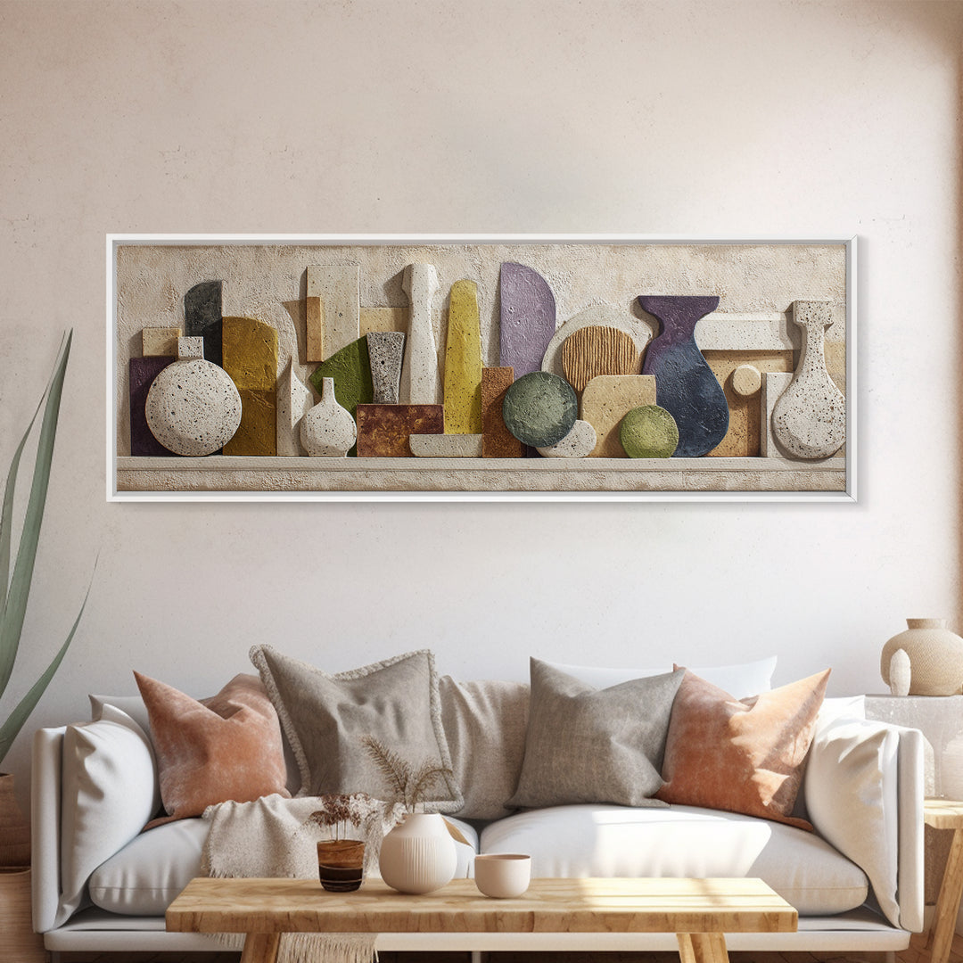 Abstract Clay Shapes Canvas Print, Boho Art, Modern Wall Art, Living Room Decor, Abstract Art, Bohemian, Textured Painting, BOH-3x1-8