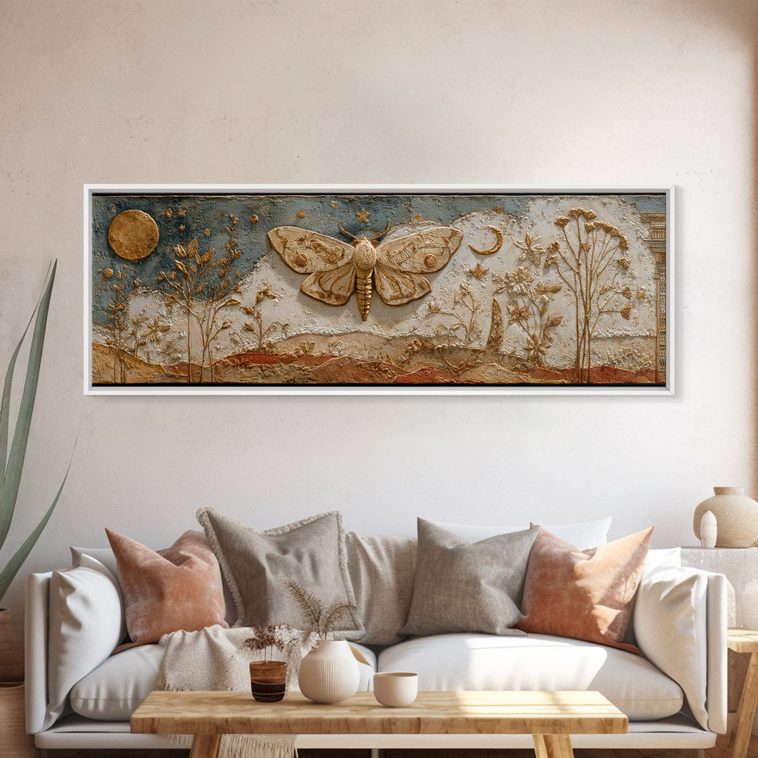 Golden Moth with Moon and Stars Framed Canvas Print, Boho Art, Statement Artwork, Living Room Decor, Fine Art, Bohemian, BOH-3x1-81
