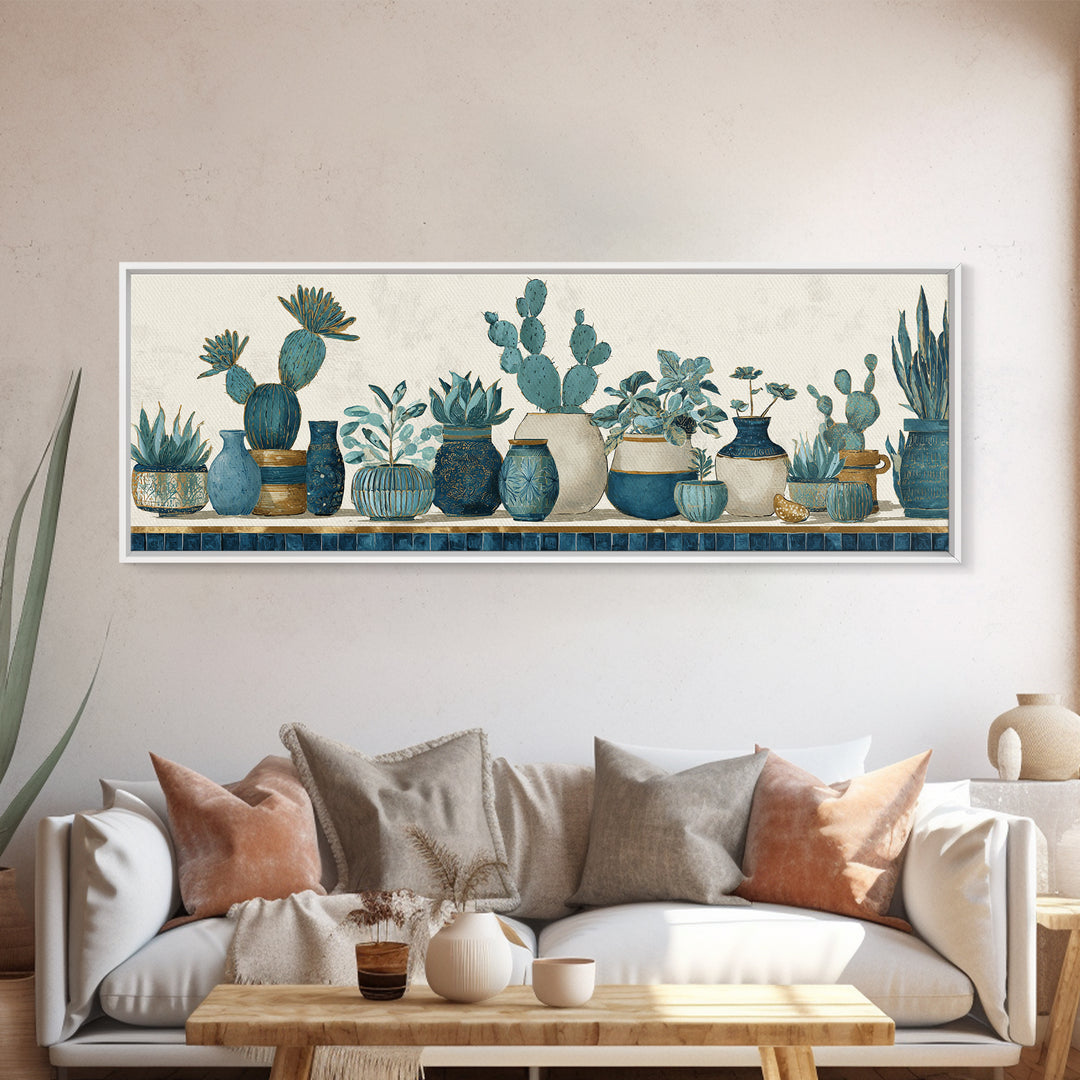 Warm Neutral Cactus Garden Illustration Framed Canvas Print, Boho Art, Boho Wall Art, Living Room Decor, Oil Painting, Bohemian, BOH-3x1-82