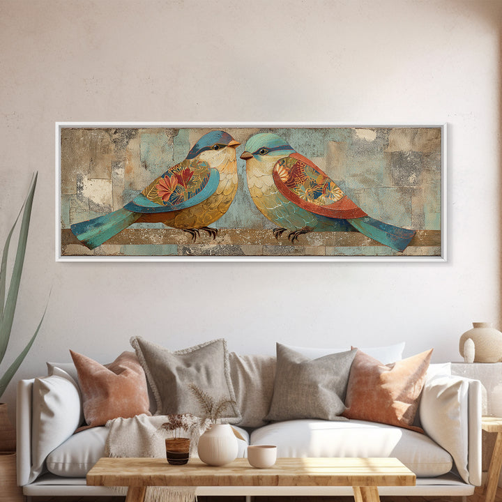 Boho Bird Pair Framed Canvas Print, Boho Art, Digital Art, Living Room Decor, Bohemian, Printable Art, Abstract Wall Art, BOH-3x1-84