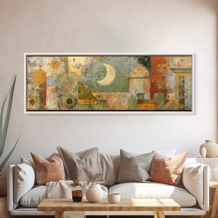 Sage Green Eucalyptus and Crescent Moon Framed Canvas Print, Boho Art, Wallart, Living Room Decor, Fine Art, Bohemian, BOH-3x1-87