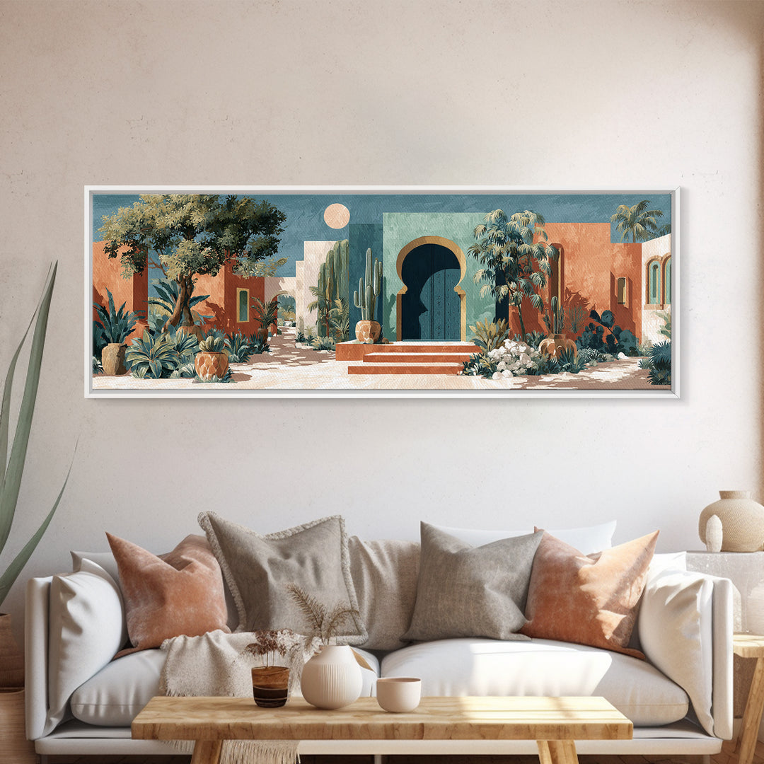 Desert Sun with Cactus and Warm Clay Framed Canvas Print, Boho Art, Wall Art, Living Room Decor, Fine Art, Bohemian, Art Deco, BOH-3x1-89