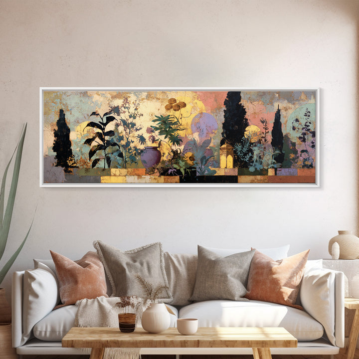 Moon Phases Above Botanical Silhouettes Framed Canvas Print, Boho Art, Wall Art Set, Living Room Decor, Fine Art, Bohemian, BOH-3x1-90
