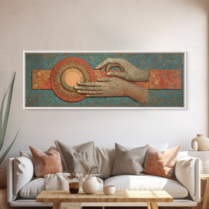 Mystic Hand Holding a Tiny Sun Canvas Print, Boho Art, Set of 3 Prints, Living Room Decor, Watercolor Art, Bohemian, BOH-3x1-94