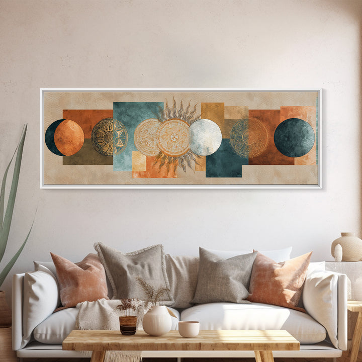 Sun and Moon Celestial Folk Motif Canvas Print, Boho Art, Neutral Decor, Living Room Decor, Fine Art, Bohemian, Wall Decor, BOH-3x1-98