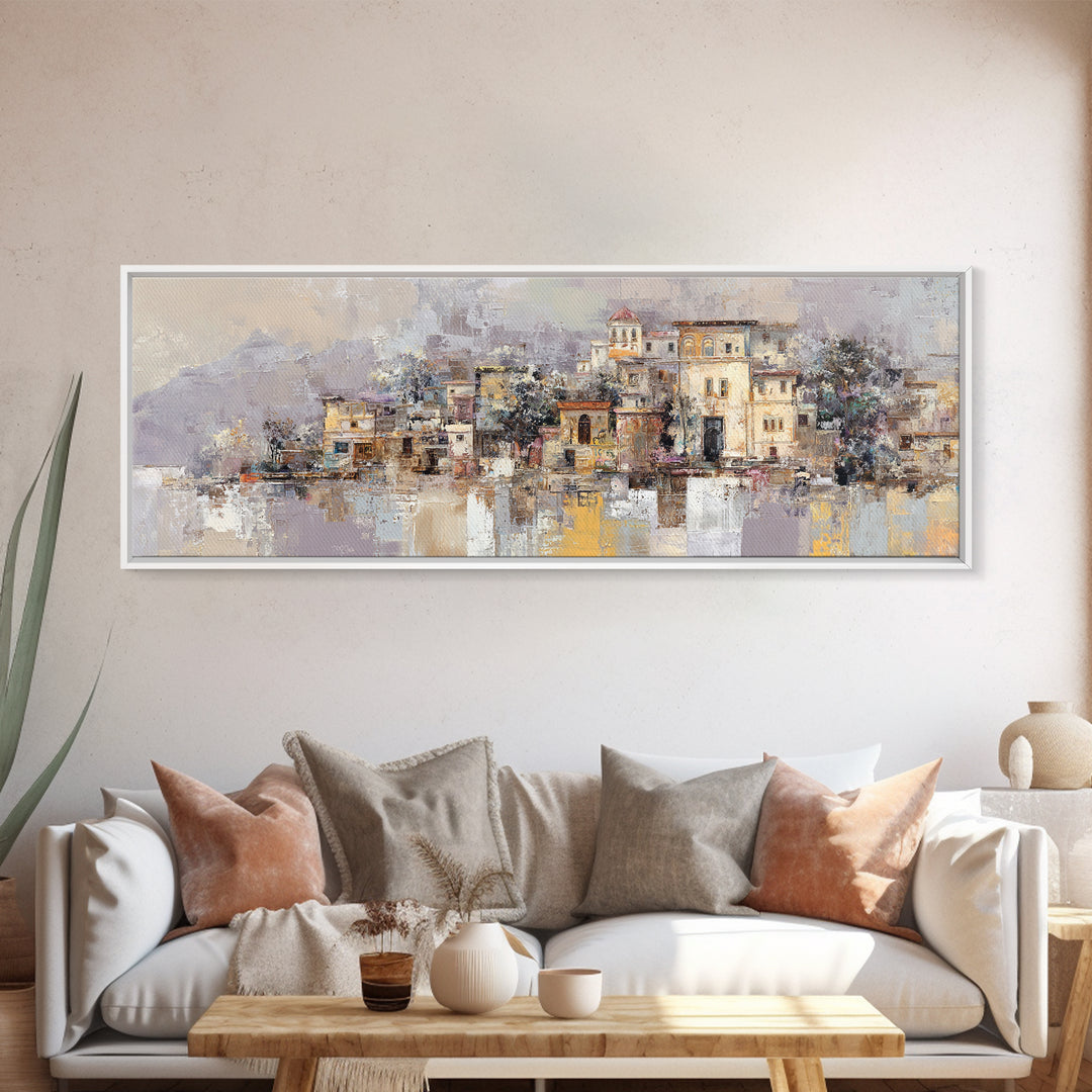 Earth Tone Mountain and River Abstraction Framed Canvas Print, Boho Art, Living Room Decor, Oil Painting, Bohemian, BOH-3x1-99
