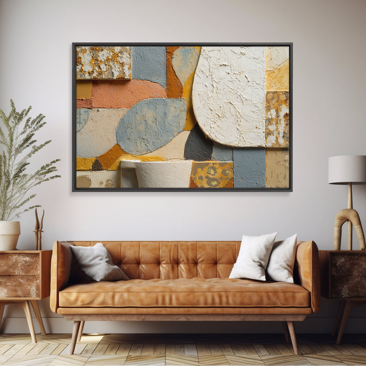 Organic Shape Collage Framed Canvas Print, Boho Art, Digital Wall Art, Living Room Decor, Abstract Art, Bohemian, Garden Art, BOH-3x2-100