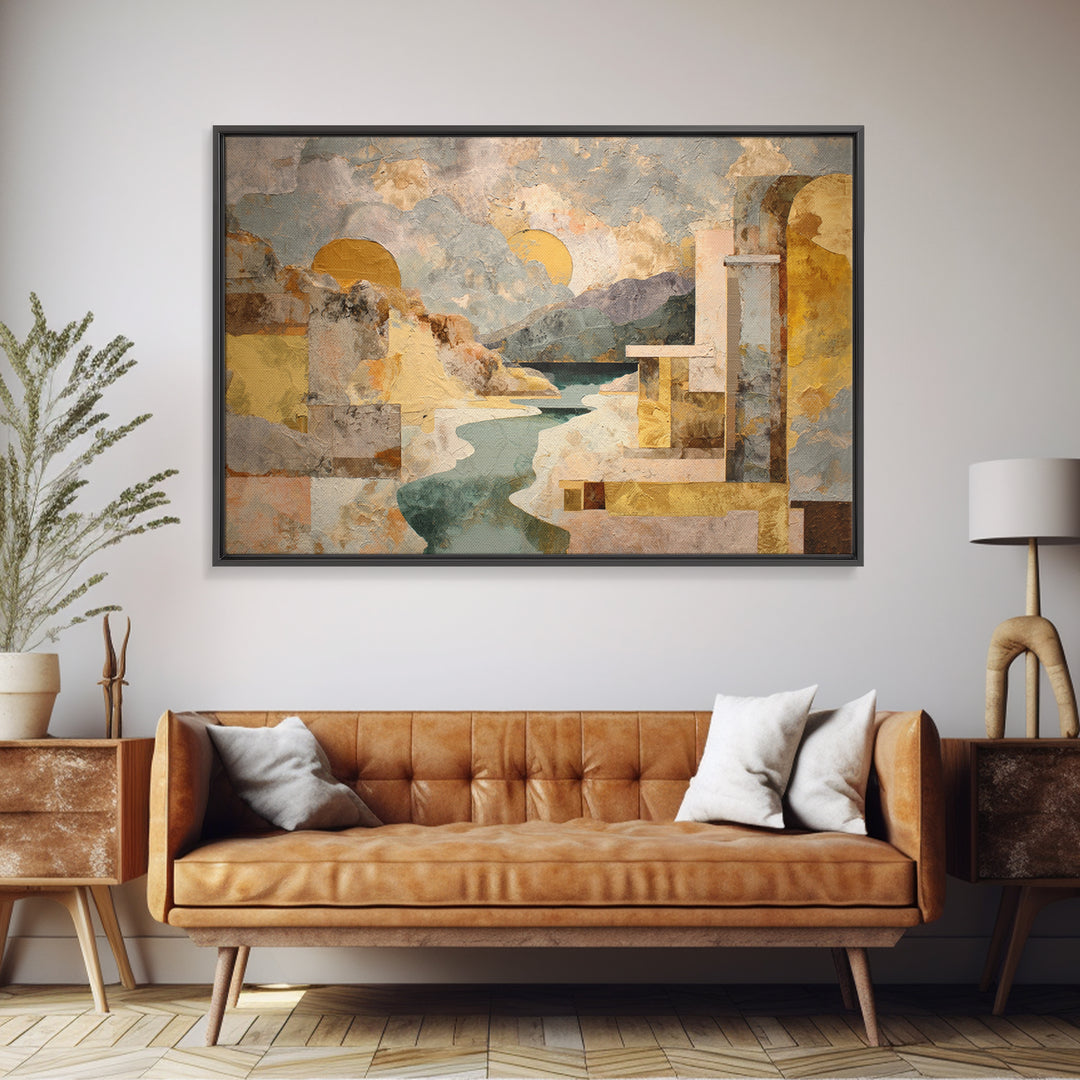 Earth Tone Mountain and River Abstraction Framed Canvas Print, Boho Art, Wall Art Set, Living Room Decor, Fine Art, Bohemian, BOH-3x2-15