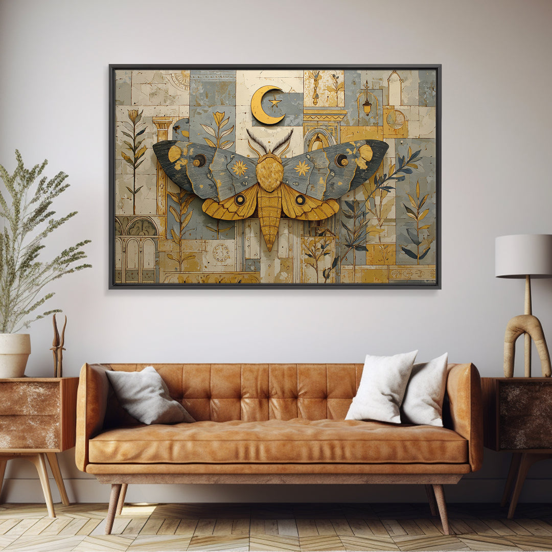 Golden Moth with Moon and Stars Canvas Print, Boho Art, Modern Decor, Living Room Decor, Fine Art, Bohemian, Wall Decor, BOH-3x2-21