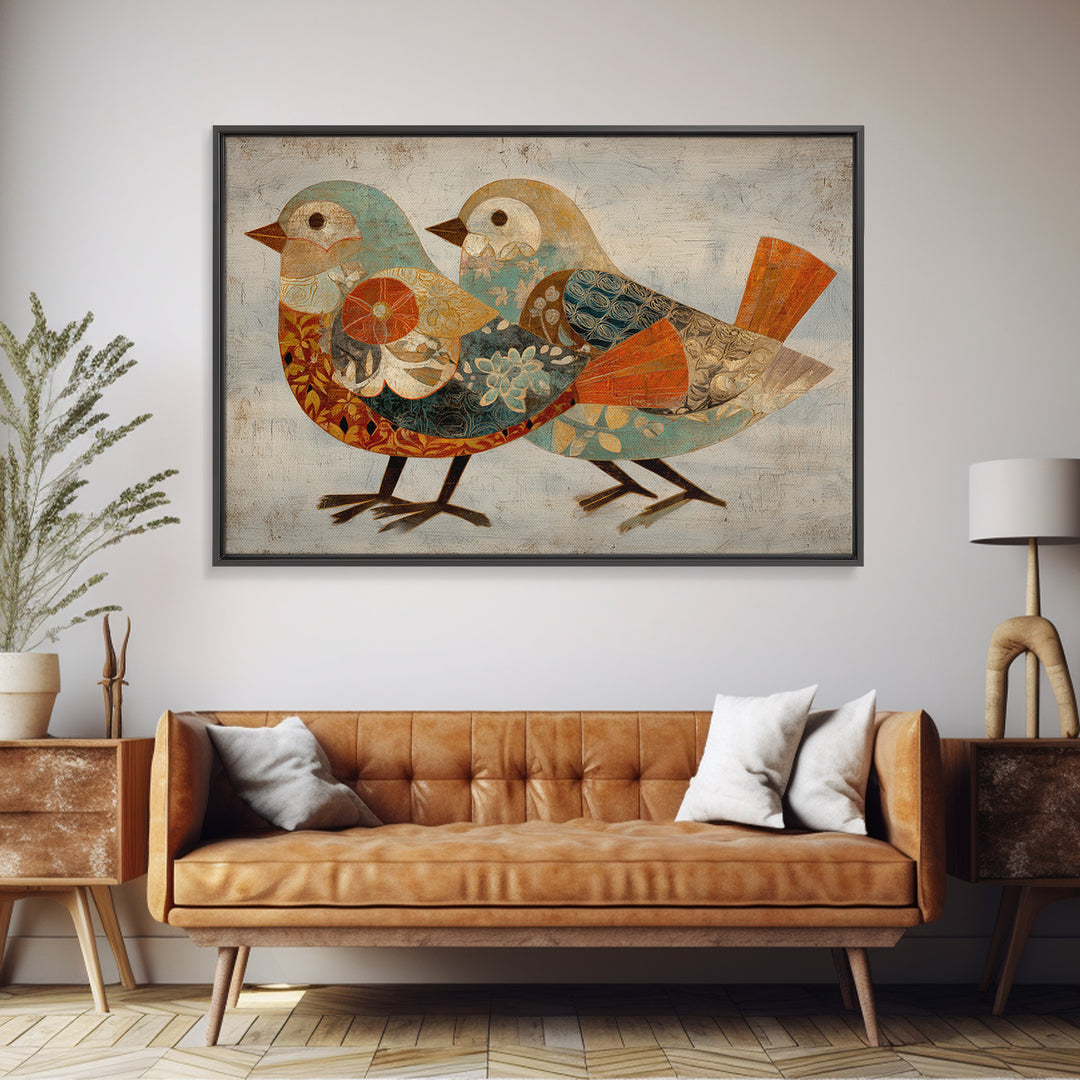 Boho Bird Pair Framed Canvas Print, Boho Art, Statement Artwork, Living Room Decor, Fine Art, Bohemian, Art Prints, Digital Art, BOH-3x2-24