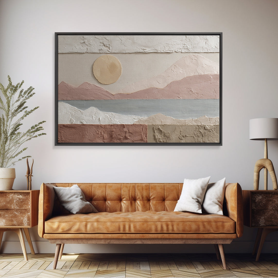 Sunrise over Rolling Dunes in Muted Peach Framed Canvas Print, Boho Art, Fine Art Print, Living Room Decor, Abstract Art, BOH-3x2-25