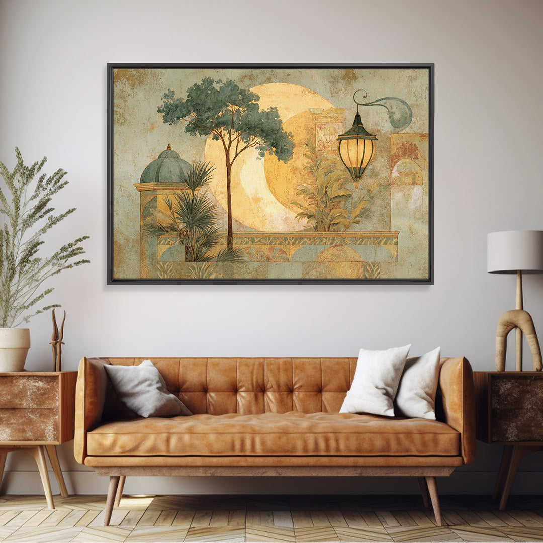 Sage Green Eucalyptus and Crescent Moon Framed Canvas Print, Boho Art, Wall Art, Living Room Decor, Fine Art, Bohemian, BOH-3x2-27