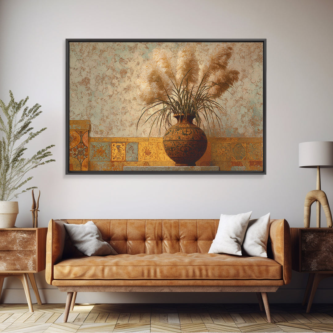 Bohemian Vase with Dried Pampas Grass Canvas Print, Boho Art, Luxury Decor, Living Room Decor, Oil Painting, Bohemian, BOH-3x2-37
