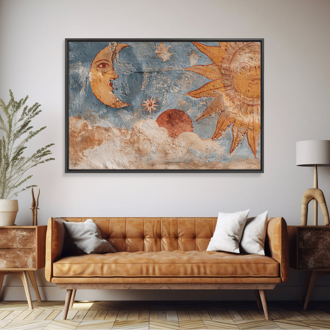 Sun and Moon Celestial Folk Motif Canvas Print, Boho Art, Wall Art Print, Living Room Decor, Fine Art, Bohemian, Luxury Decor, BOH-3x2-38