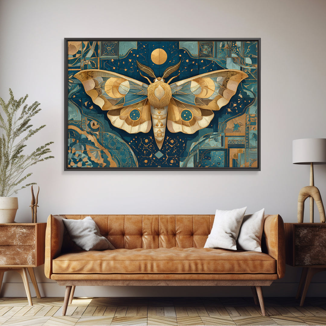 Golden Moth with Moon and Stars Framed Canvas Print, Boho Art, Textured Painting, Living Room Decor, Fine Art, Bohemian, BOH-3x2-45