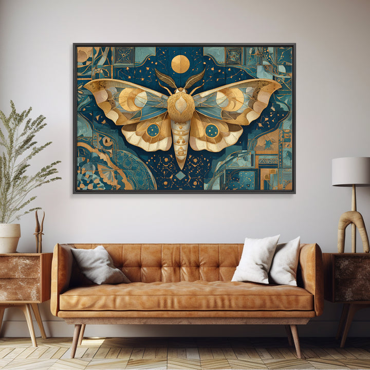 Golden Moth with Moon and Stars Framed Canvas Print, Boho Art, Textured Painting, Living Room Decor, Fine Art, Bohemian, BOH-3x2-45